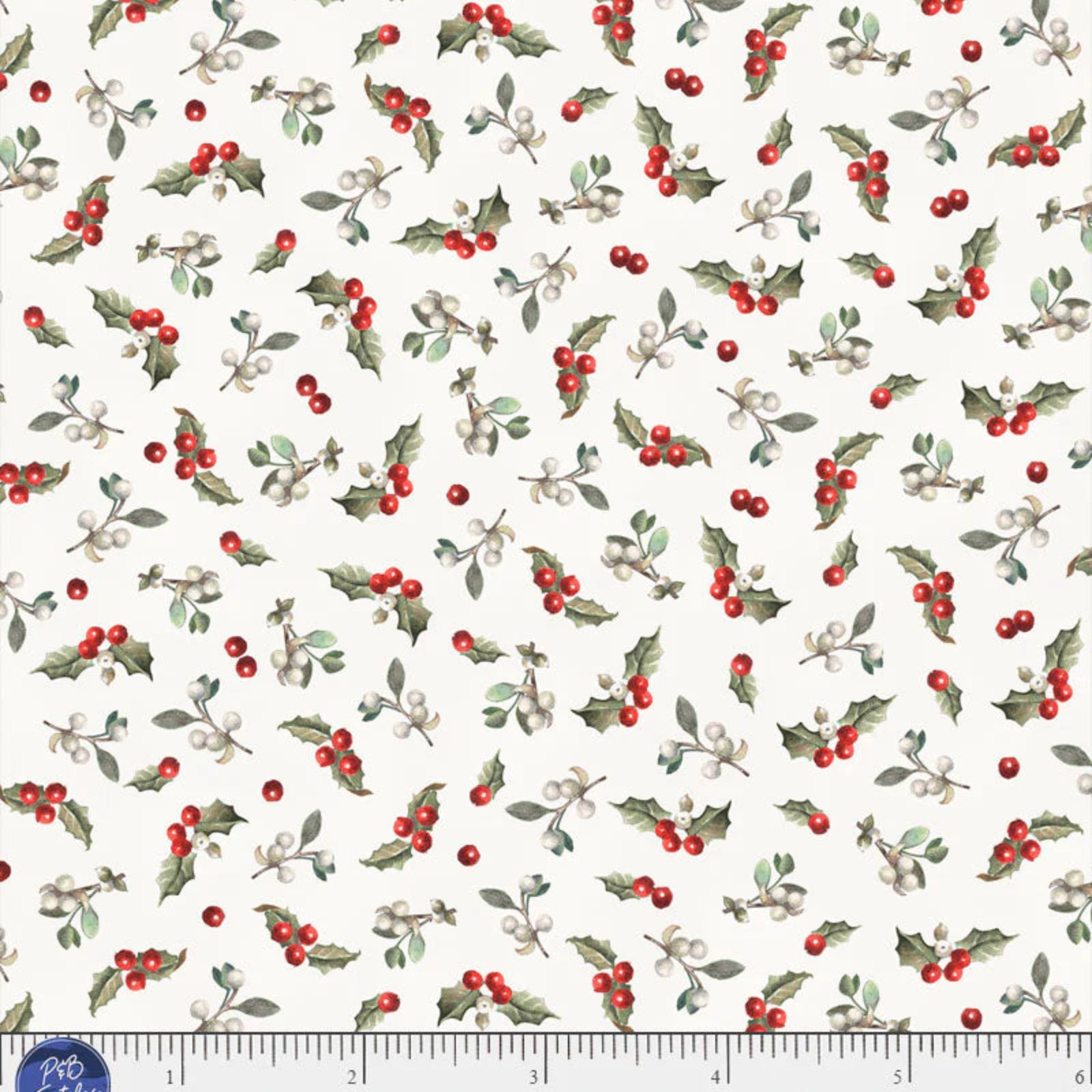 A repeating fabric pattern featuring holly leaves and red berries on a cream background, with a ruler and brand text along the bottom edge.