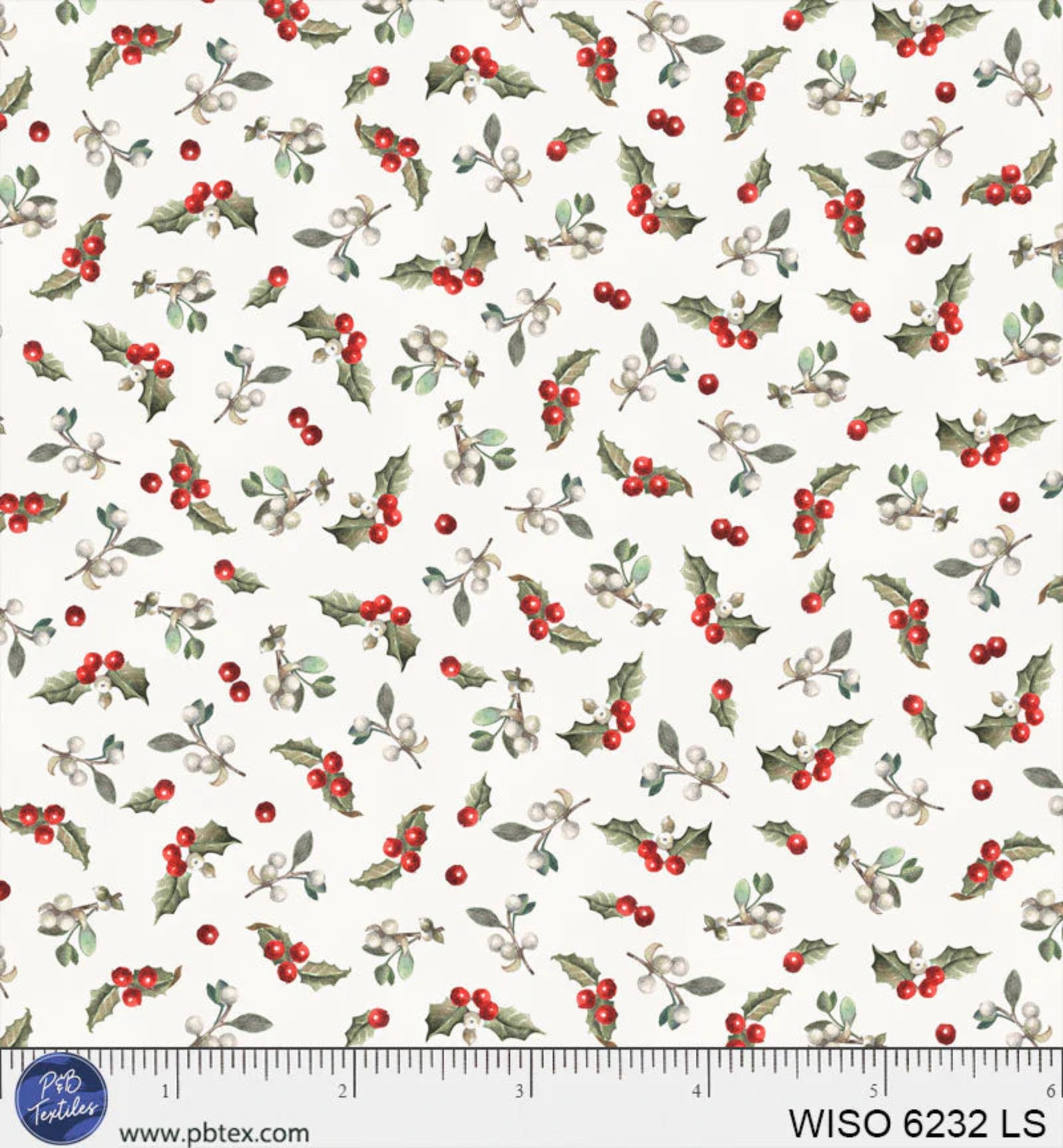 A repeating fabric pattern featuring holly leaves and red berries on a cream background, with a ruler and brand text along the bottom edge.