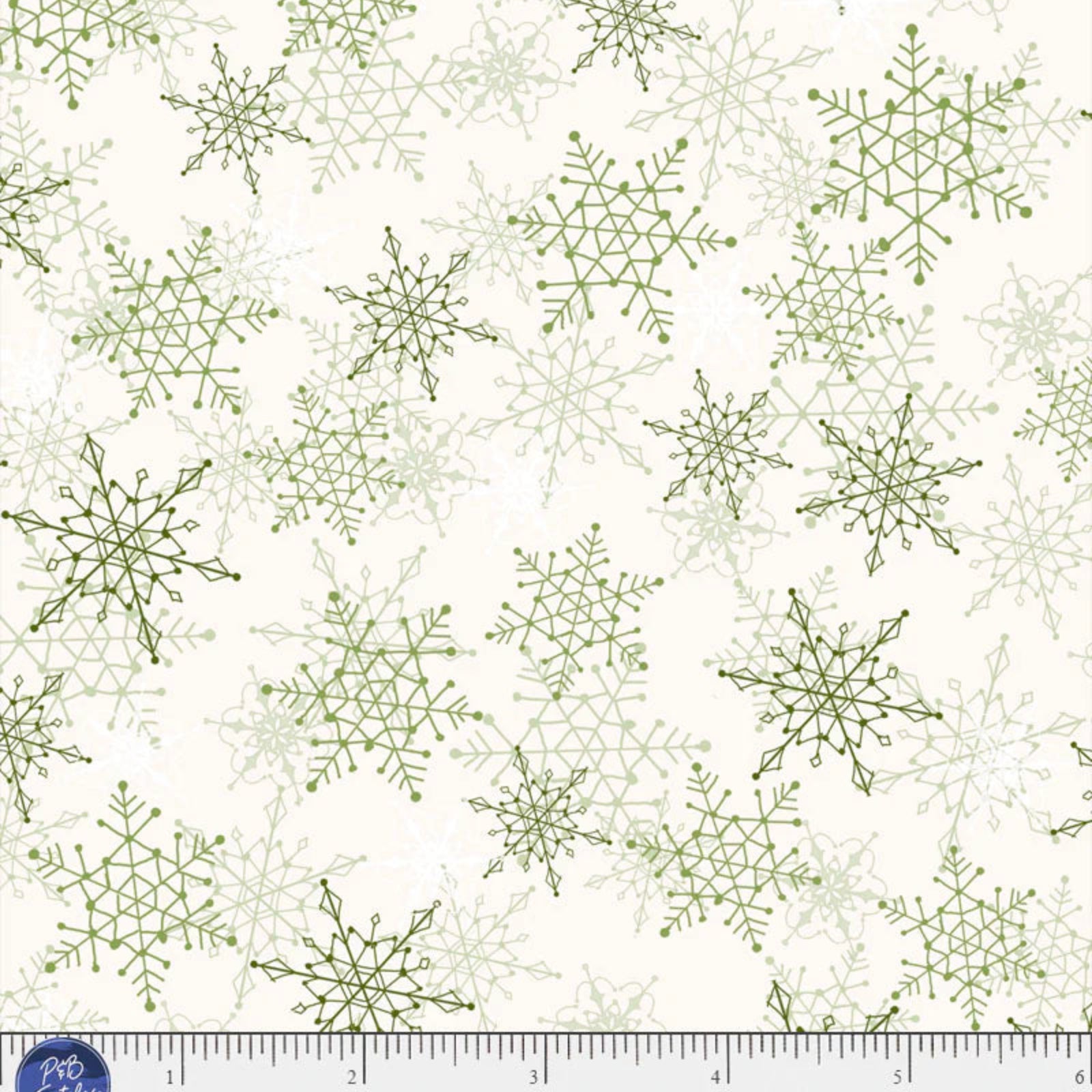 Pattern of green snowflakes on a white background with a ruler at the bottom.