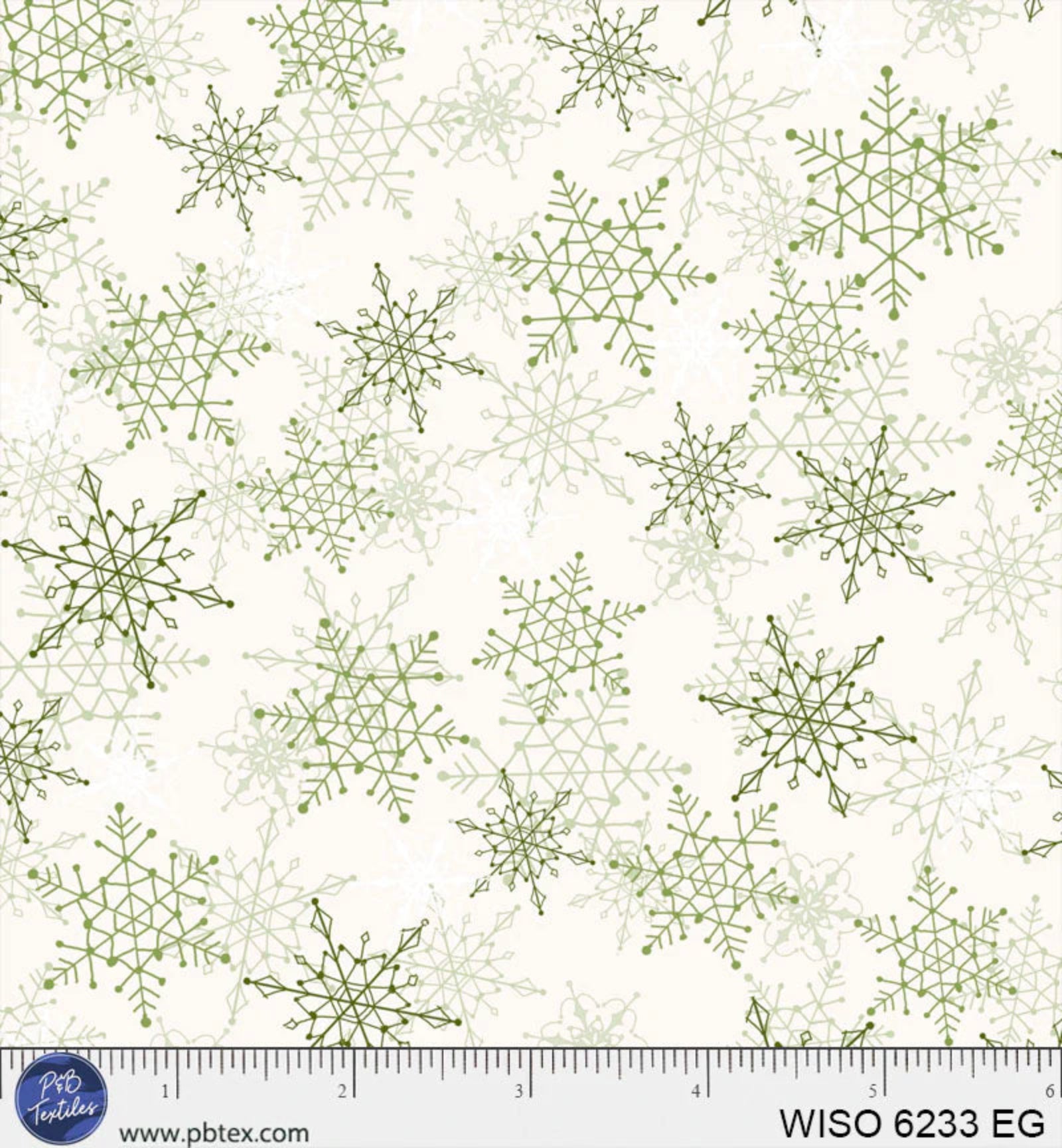 Pattern of green snowflakes on a white background with a ruler at the bottom.