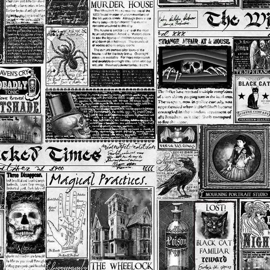 Fabric mimicking a newspaper with Halloween themes