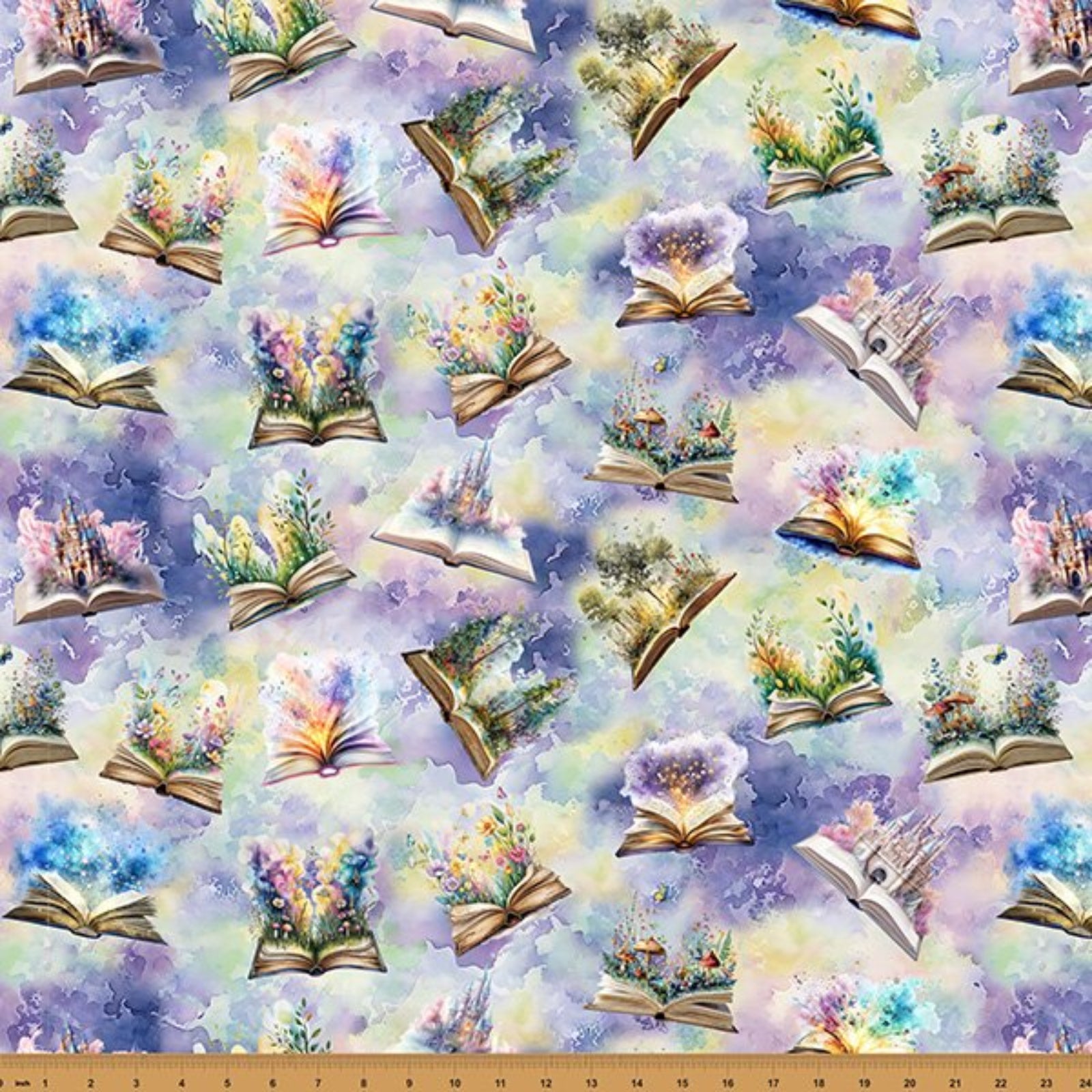 Pattern of open books with colorful landscapes on a fabric background