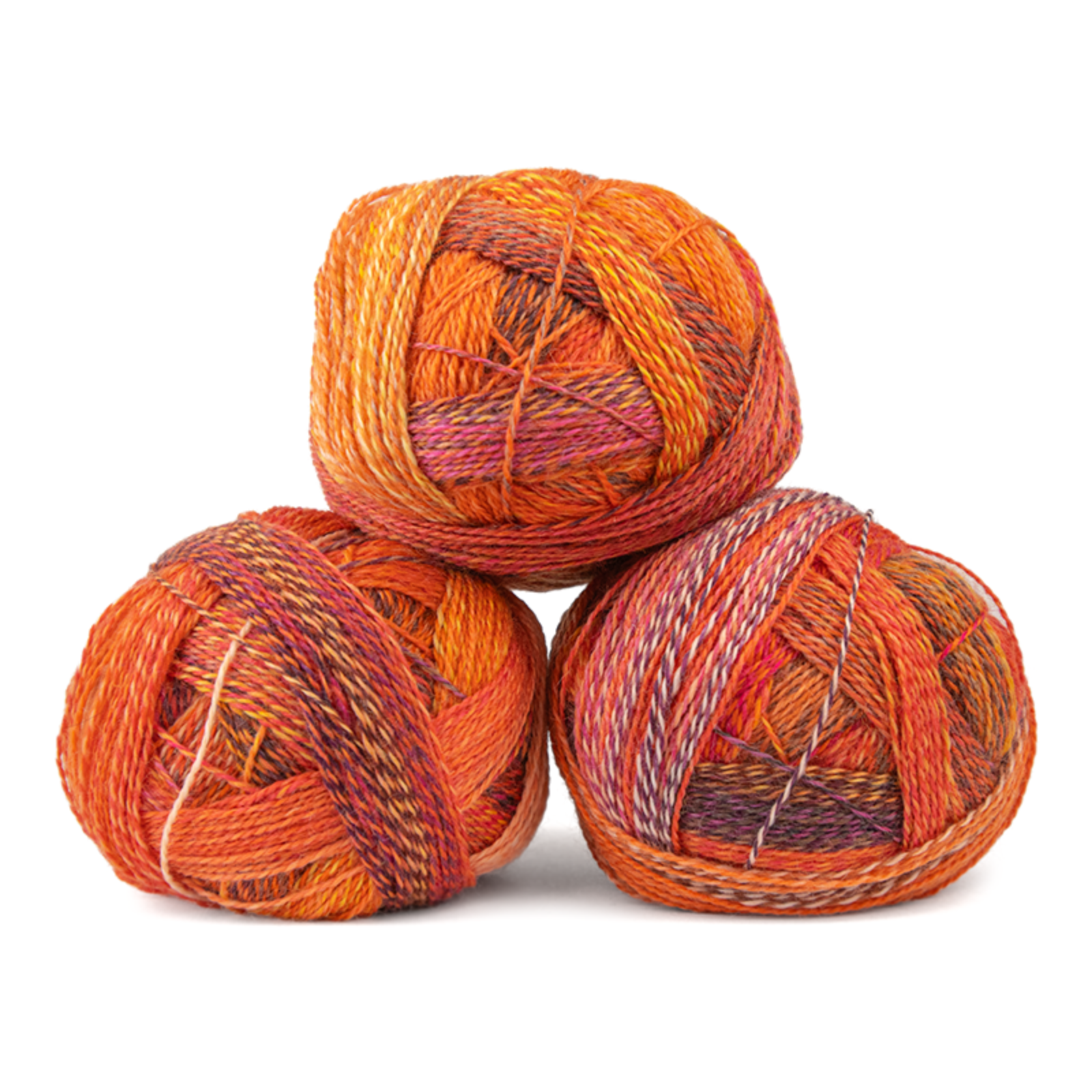 Three balls of variegated yarn stacked in a pyramid arrangement on a solid white background. The yarn features a mix of warm autumnal colors including orange, red, pink, and brown.