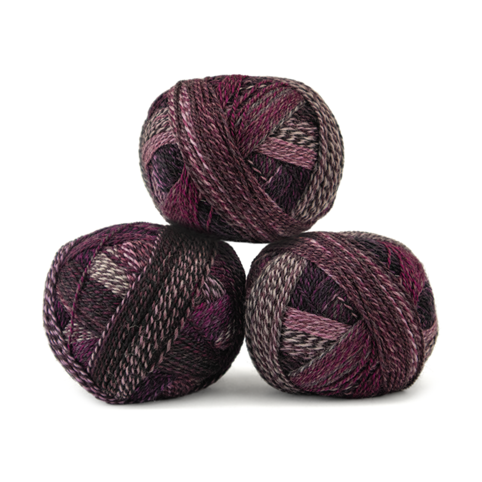 Three balls of variegated yarn stacked in a pyramid arrangement on a clean white background. The yarn features a heathered pattern of deep purple, dark brown, black, and light gray.