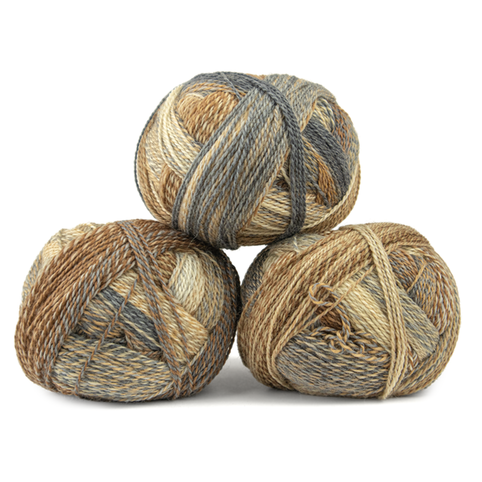 Three skeins of variegated yarn stacked in a pyramid arrangement on a clean white background. The yarn features a multi-tonal variegated pattern of natural tan, light brown, and slate gray.