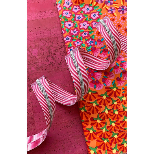 Zipper Tape with Nickel Teeth - Pink Stripe