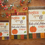 Three autumn-themed quilted fabric signs with embroidered text reading 'Pumpkin Spice & everything nice.