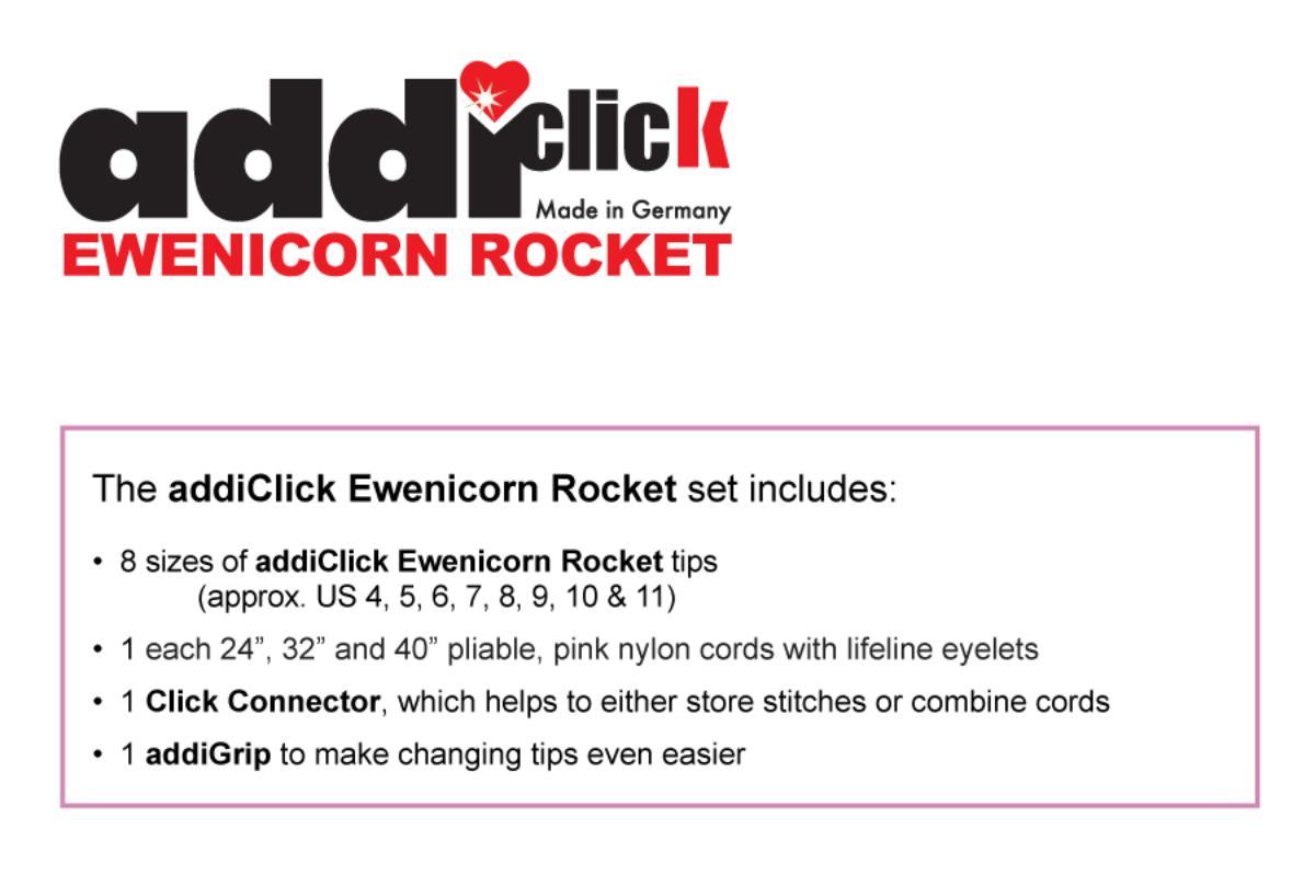 A product information graphic for the addiClick Ewenicorn Rocket. The top features the black and red addiClick logo with 'EWENICORN ROCKET' in red.