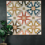 Quilt with star pattern on a dark wall, next to a plant