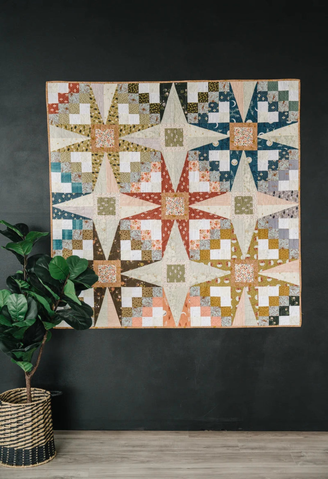 Quilt with star pattern on a dark wall, next to a plant