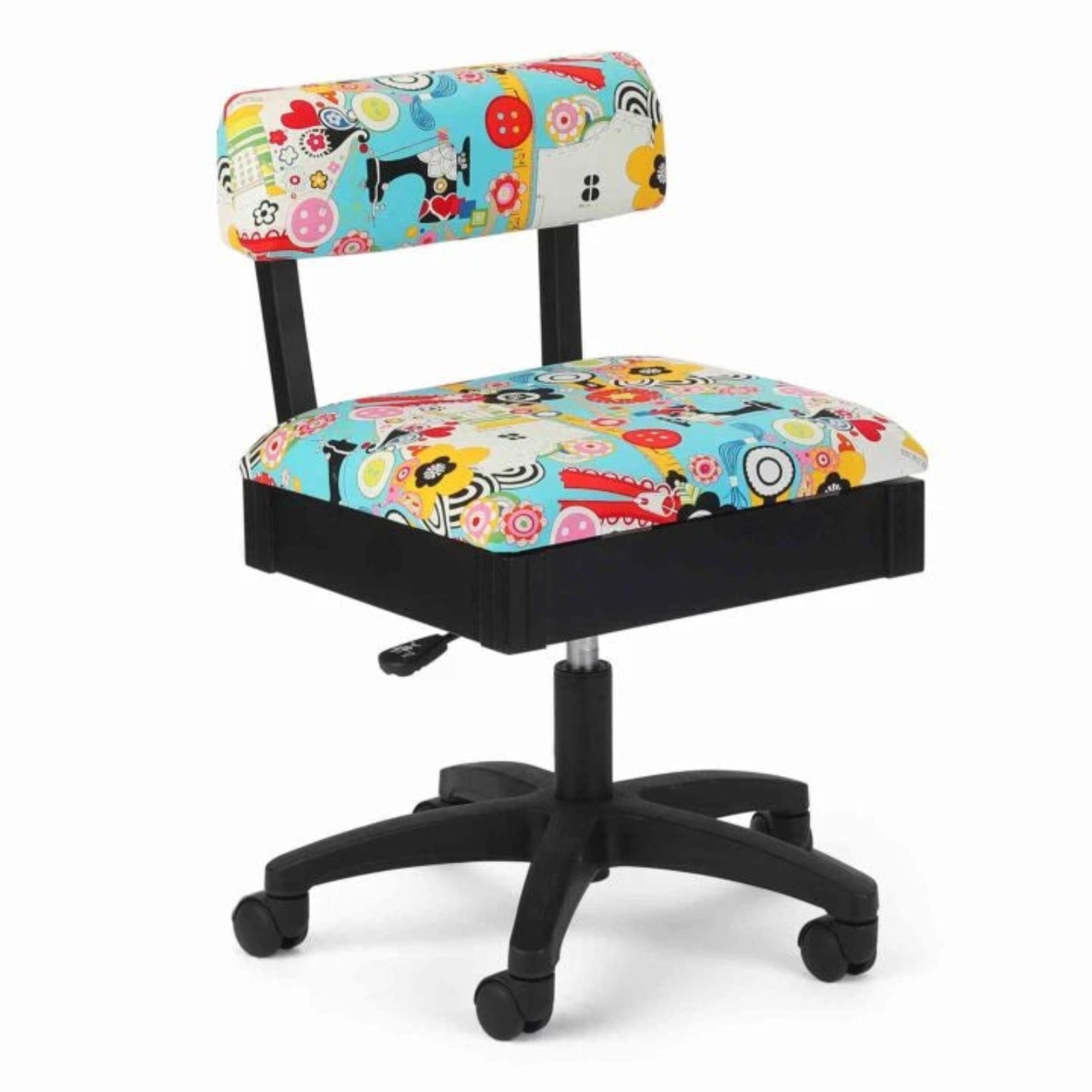 Colorful sewing-themed chair with a white background