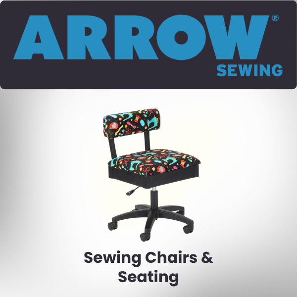 Arrow Sewing graphic featuring a colorful sewing chair with sewing‑themed fabric and the text “Sewing Chairs & Seating.”