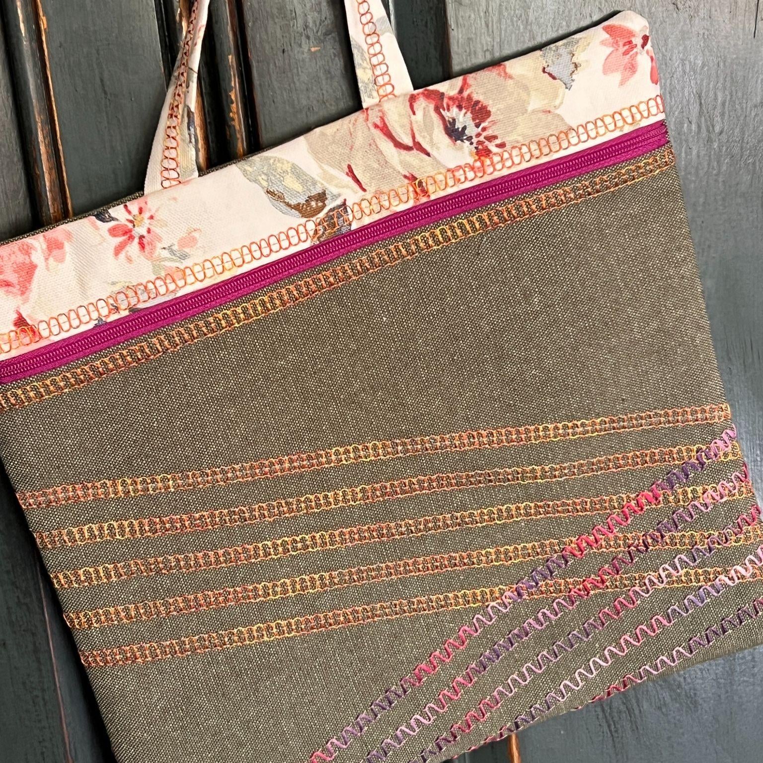 Project bag created in the Baby Lock Days: Serger Sorcery class at Quilting Mayhem, showcasing decorative serger stitching and professional finishing.