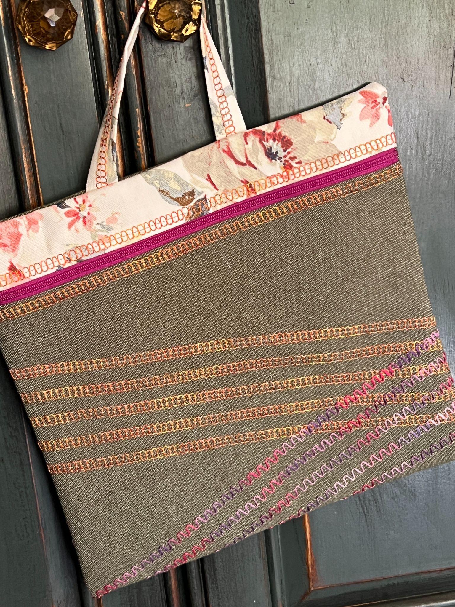 Project bag created in the Baby Lock Days: Serger Sorcery class at Quilting Mayhem, showcasing decorative serger stitching and professional finishing.