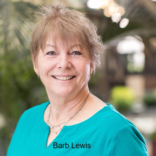 Headshot of instructor Barb Lewis wearing a teal top, smiling in front of a softly blurred green background.