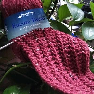 Red tweed yarn and knitting needles working a textured scarf, the project made in Beginning Knitting class.