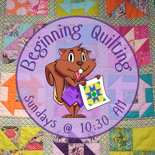 Beginning Quilting class image featuring the Mayhem Squirrel holding a quilt block inside a purple circle over the sample quilt made in class.