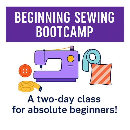 Beginning Sewing Bootcamp graphic with a purple banner, sewing icons, and the tagline “A two‑day class for absolute beginners.”
