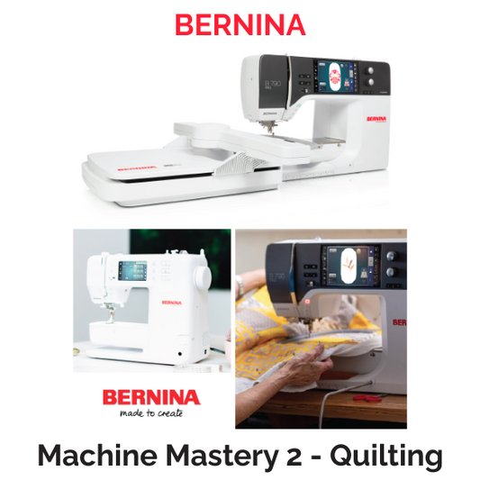 Cover of the BERNINA Quilting Mastery workbook showing quilting techniques, stitch samples, and machine features
