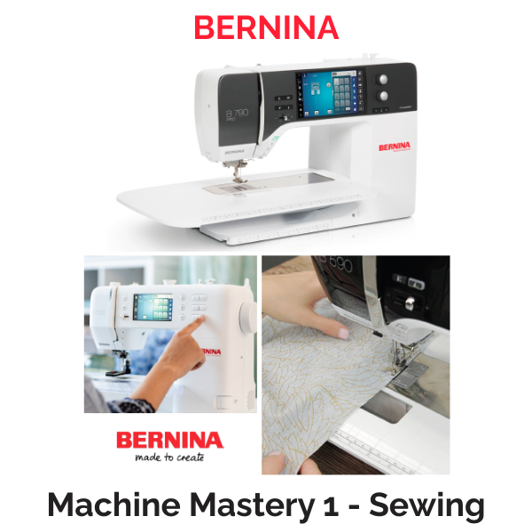 Cover of the BERNINA Sewing Mastery workbook showing machine features, stitch examples, and project imagery