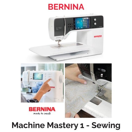 Cover of the BERNINA Sewing Mastery workbook showing machine features, stitch examples, and project imagery