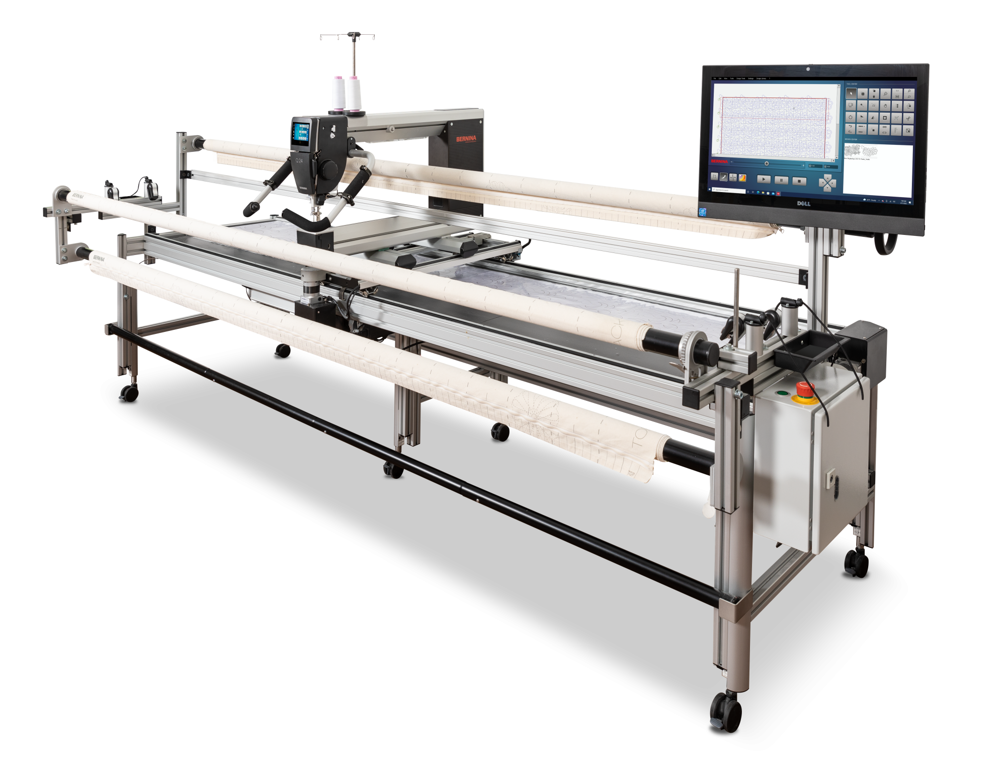 BERNINA Q‑Series longarm on a frame with Q‑matic automation showing the touchscreen interface and layered quilt setup
