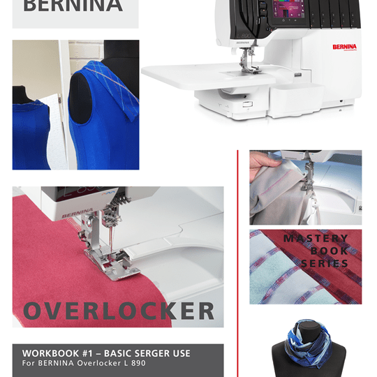 Cover of the BERNINA Overlocker Workbook for L860 and L890 sergers showing machine photos, stitch samples, and project examples