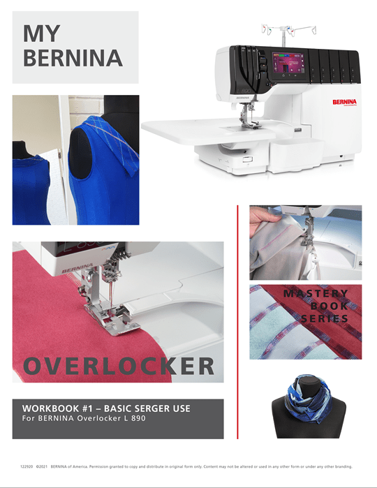 Cover of the BERNINA Overlocker Workbook for L860 and L890 sergers showing machine photos, stitch samples, and project examples