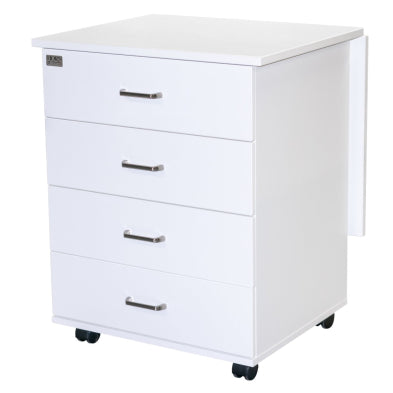 White filing cabinet with three drawers on wheels against a white background