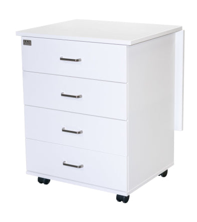 White filing cabinet with three drawers on wheels against a white background
