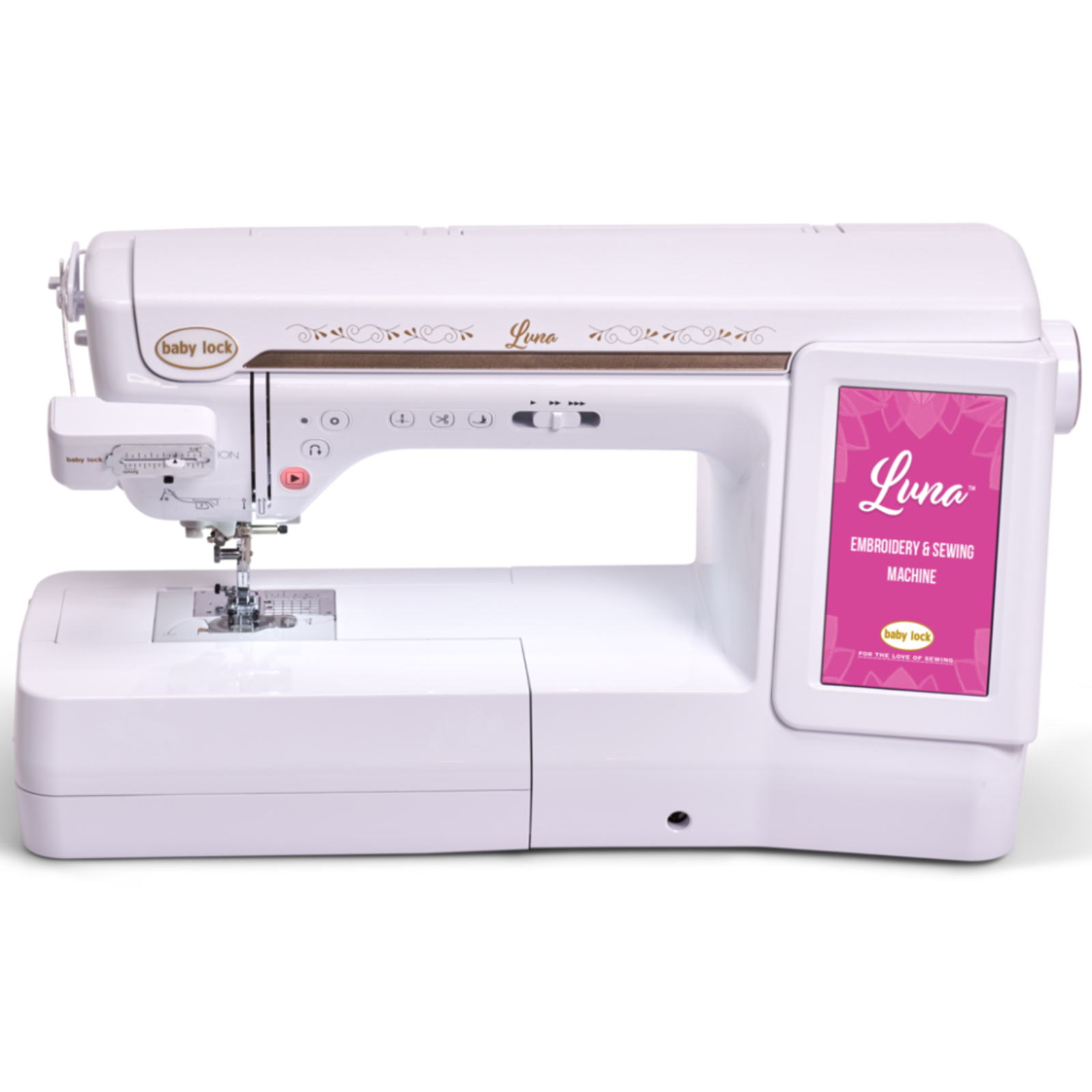 Baby LockLine Embroidery and Quilting Machine in white with a pink and white front panel, shown on a white background.