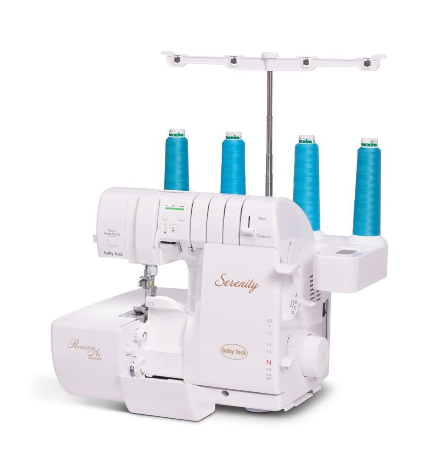 A white serger sewing machine with four blue thread cones on a stand, photographed on a clean white background. The machine features the brands 'Baby Lock' and 'Serenity' on its body.