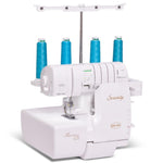 A white Baby Lock Serenity overlock serger machine with four blue thread spools on a white background.