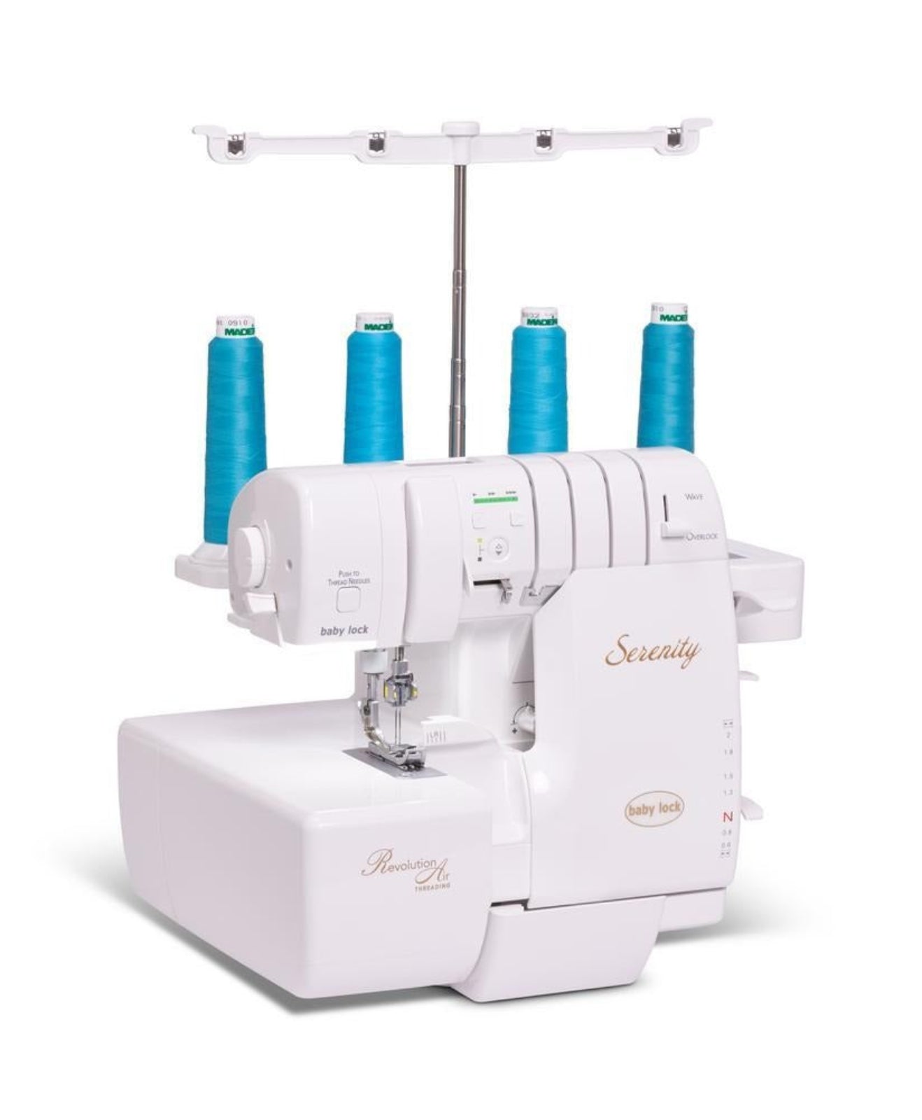 A white Baby Lock Serenity overlock serger machine with four blue thread spools on a white background.