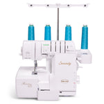 A white Baby Lock Serenity overlocker sewing machine with four bright blue thread spools mounted on top, shown on a clean white background.