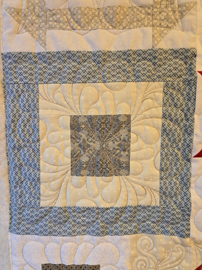 Close-up of a quilt block with blue crosshatch fabric and detailed feather quilting