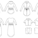 Line drawings showing front and back views of the Camden Cardigan pattern, including multiple style variations