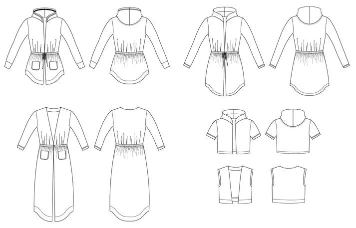 Line drawings showing front and back views of the Camden Cardigan pattern, including multiple style variations