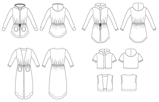 Line drawings showing front and back views of the Camden Cardigan pattern, including multiple style variations
