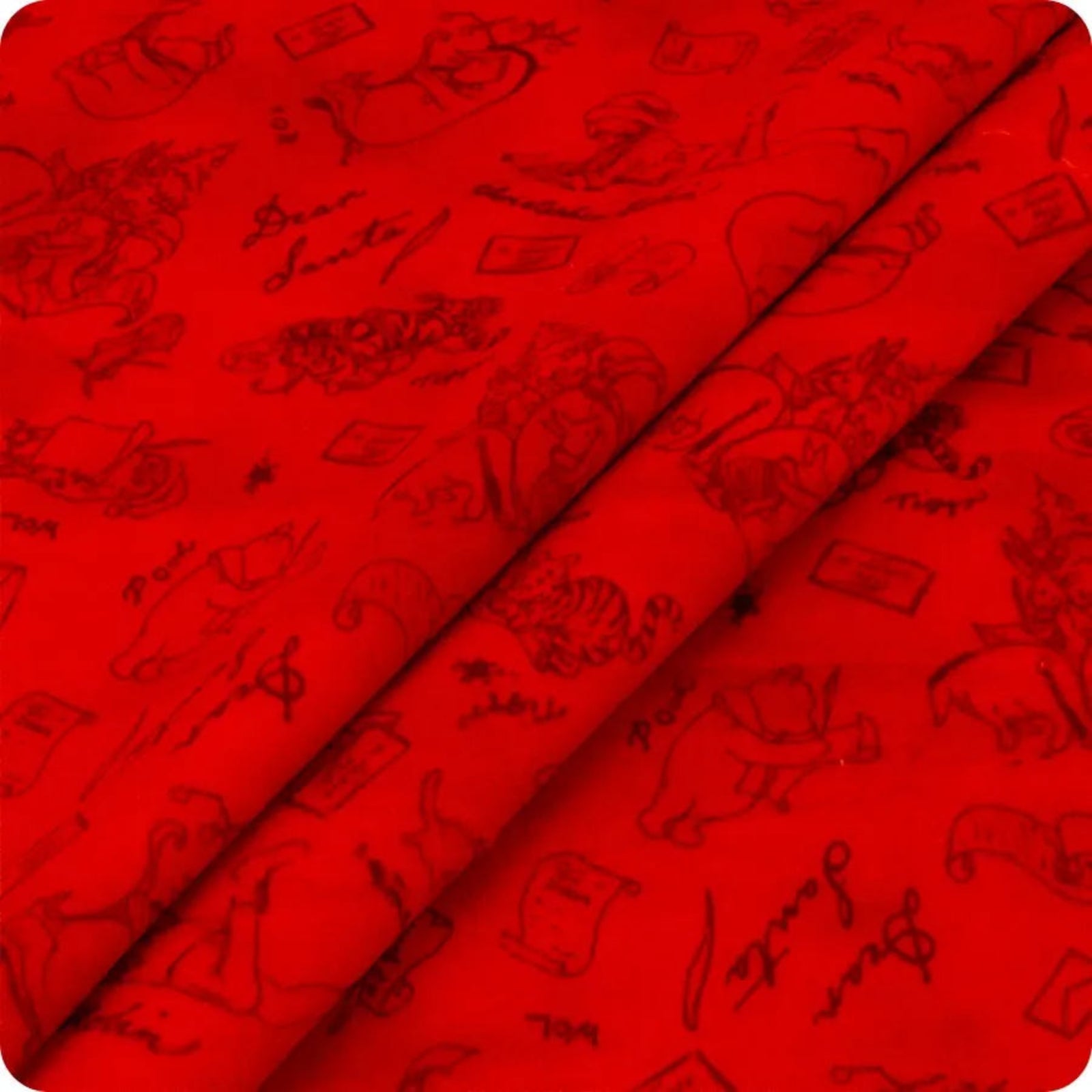 Red fabric with a black sketch-style pattern of cartoon characters, envelopes, and handwritten notes, shown folded with a diagonal crease.