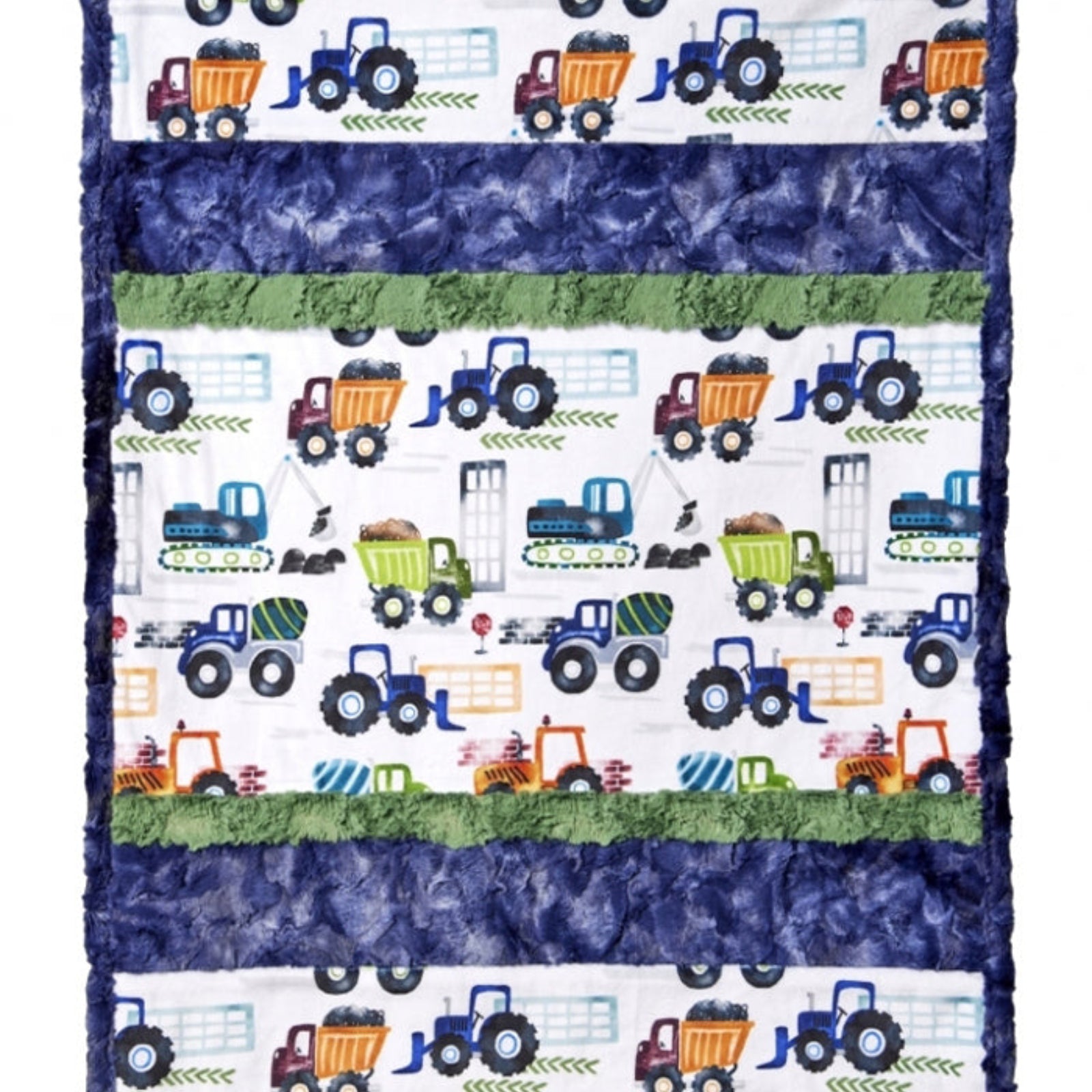 Children's quilt with construction vehicle pattern on a white background