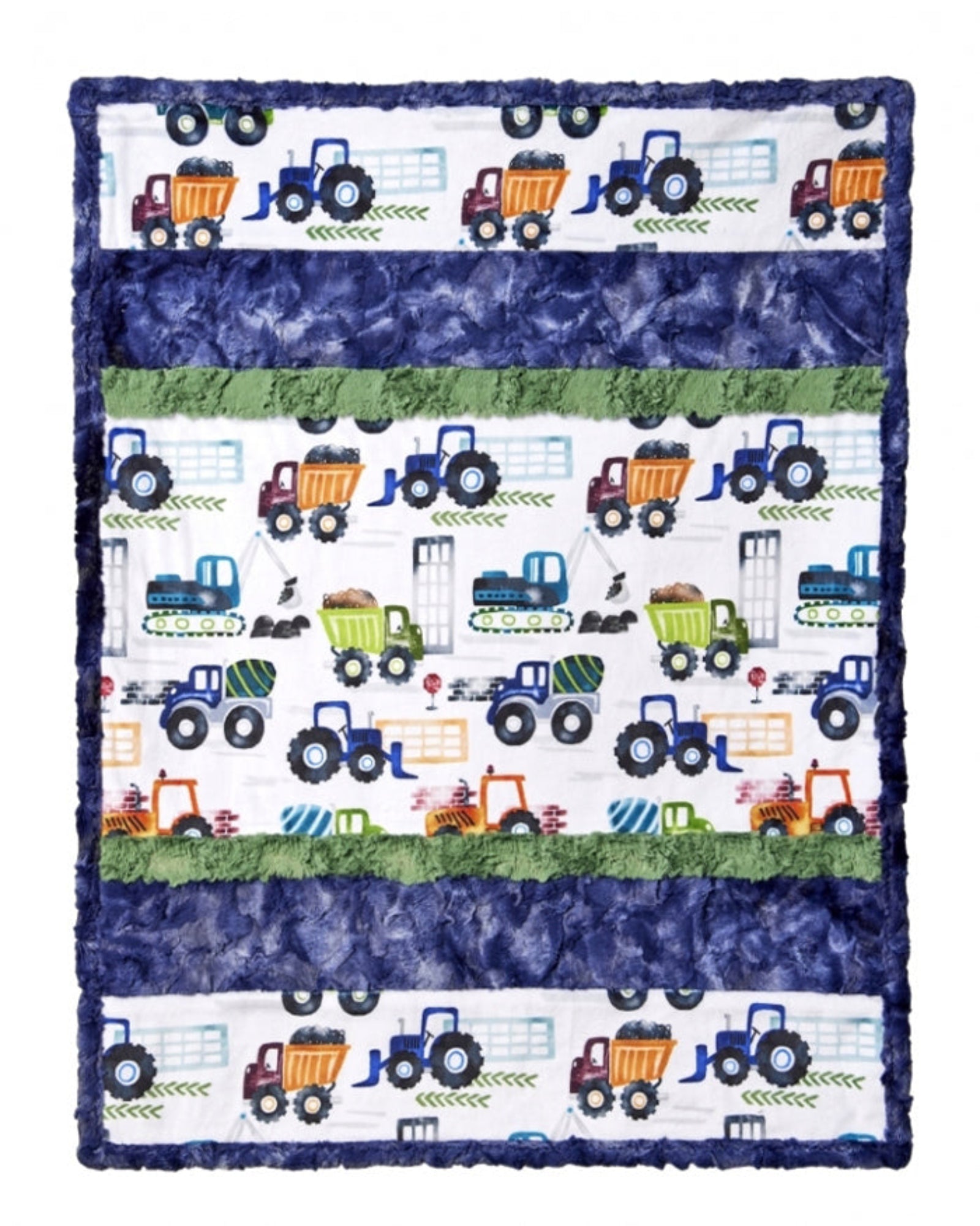 Children's quilt with construction vehicle pattern on a white background
