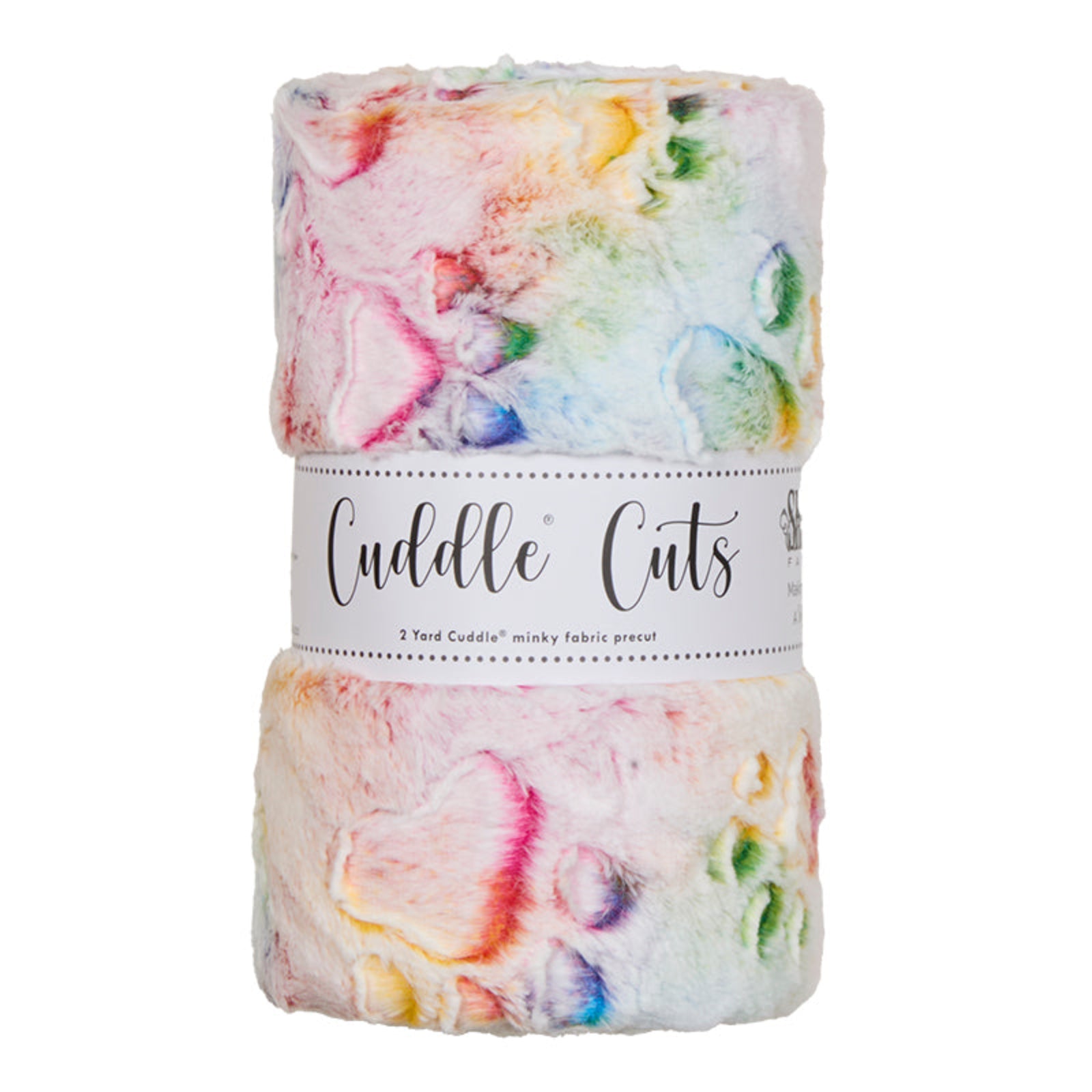 A roll of Cuddle Cuts 2 Yard Cuddly fuzzy fabric grease in a pastel multicolor pattern with pink, yellow, green, and blue marbling on a white base, wrapped in a white paper band.