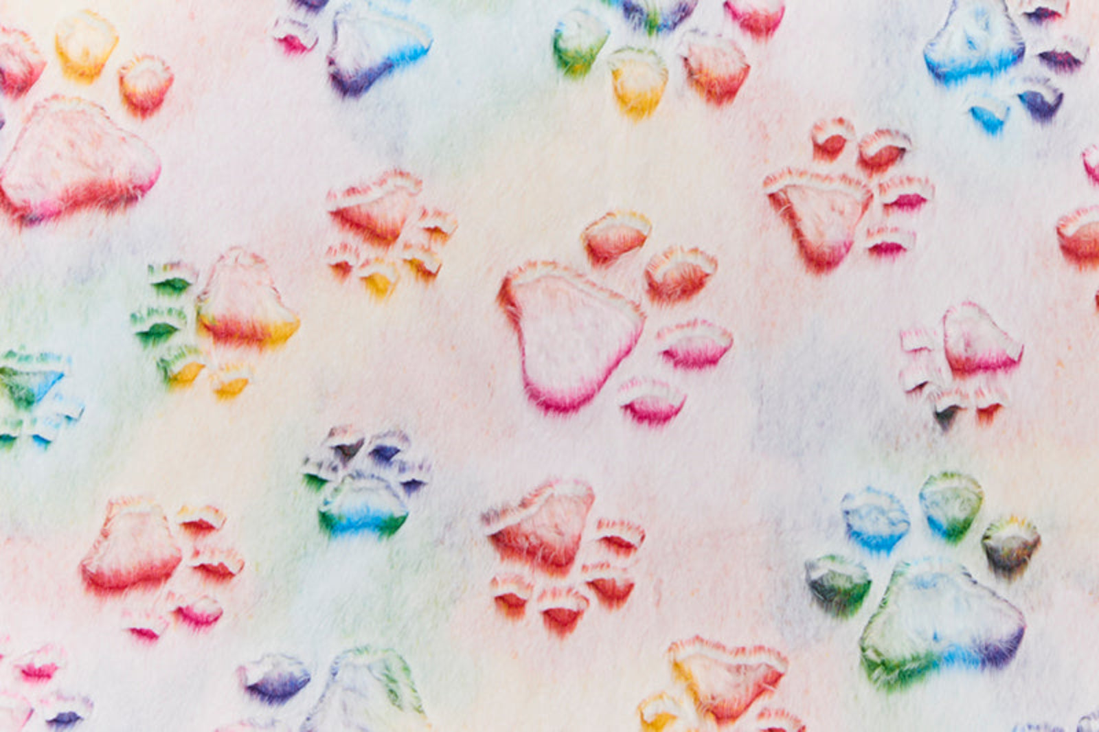 A close-up of a fabric or wallpaper pattern featuring colorful pastel paw prints in pink, blue, green, and yellow on a light, watercolor-textured background.