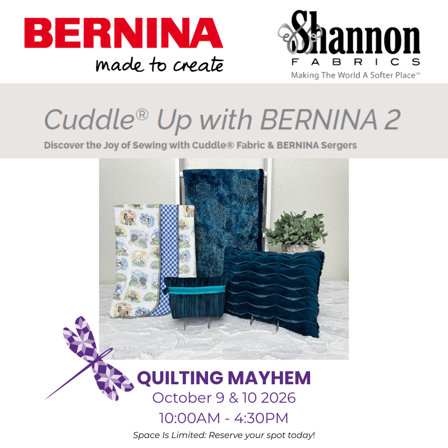 Promotional image for the Cuddle Up with BERNINA 2 event showing Cuddle projects, a small plant, and serger-themed branding with event dates and times.
