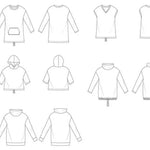 Line drawings showing front and back views of the Del Mar Hoodie pattern with multiple style variations