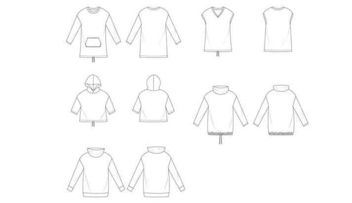 Line drawings showing front and back views of the Del Mar Hoodie pattern with multiple style variations