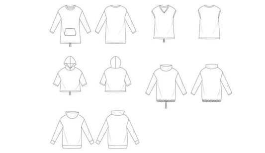 Line drawings showing front and back views of the Del Mar Hoodie pattern with multiple style variations