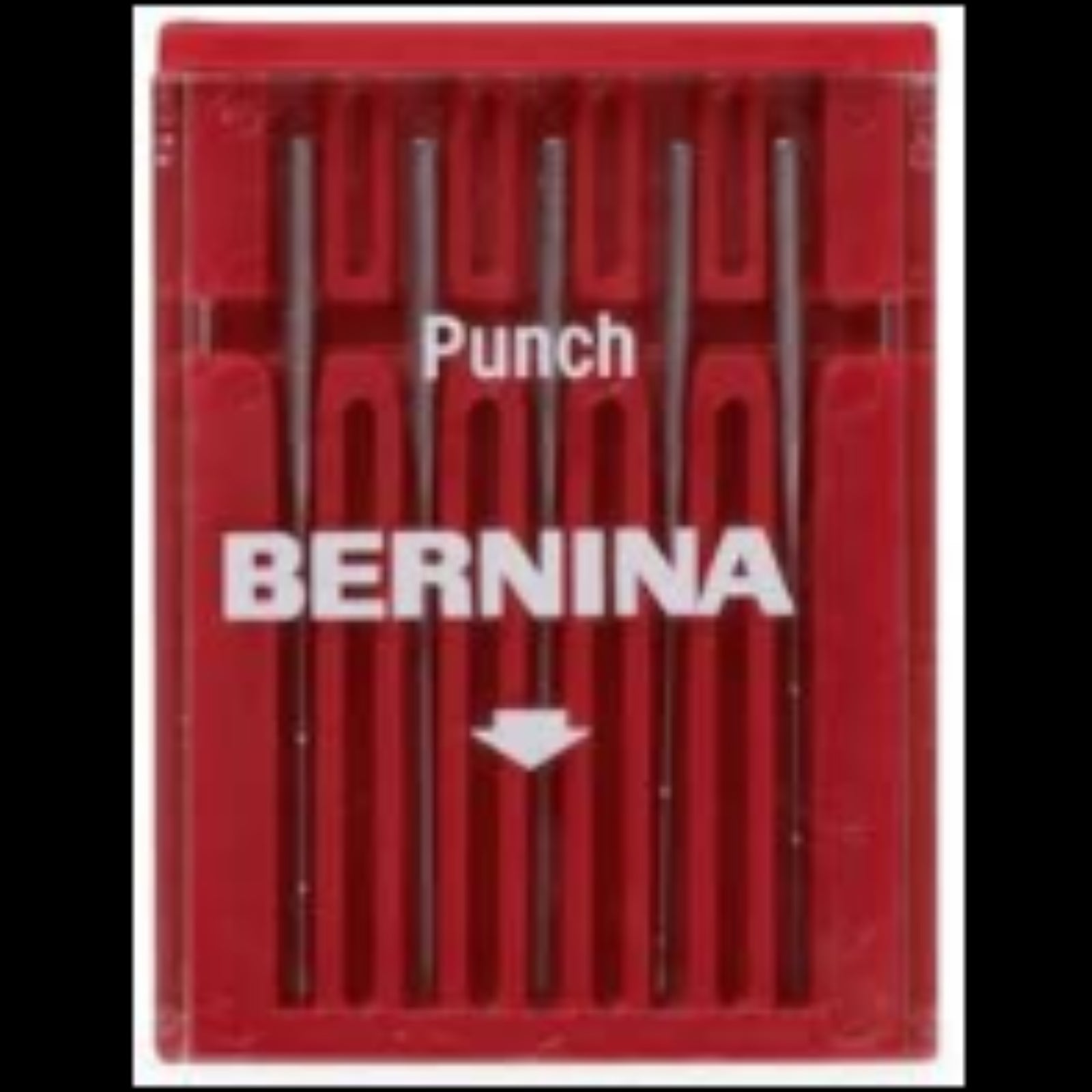A red plastic case containing five metal punch needles, with the word 'Punch' above and the brand 'BERNINA' in large white letters below.