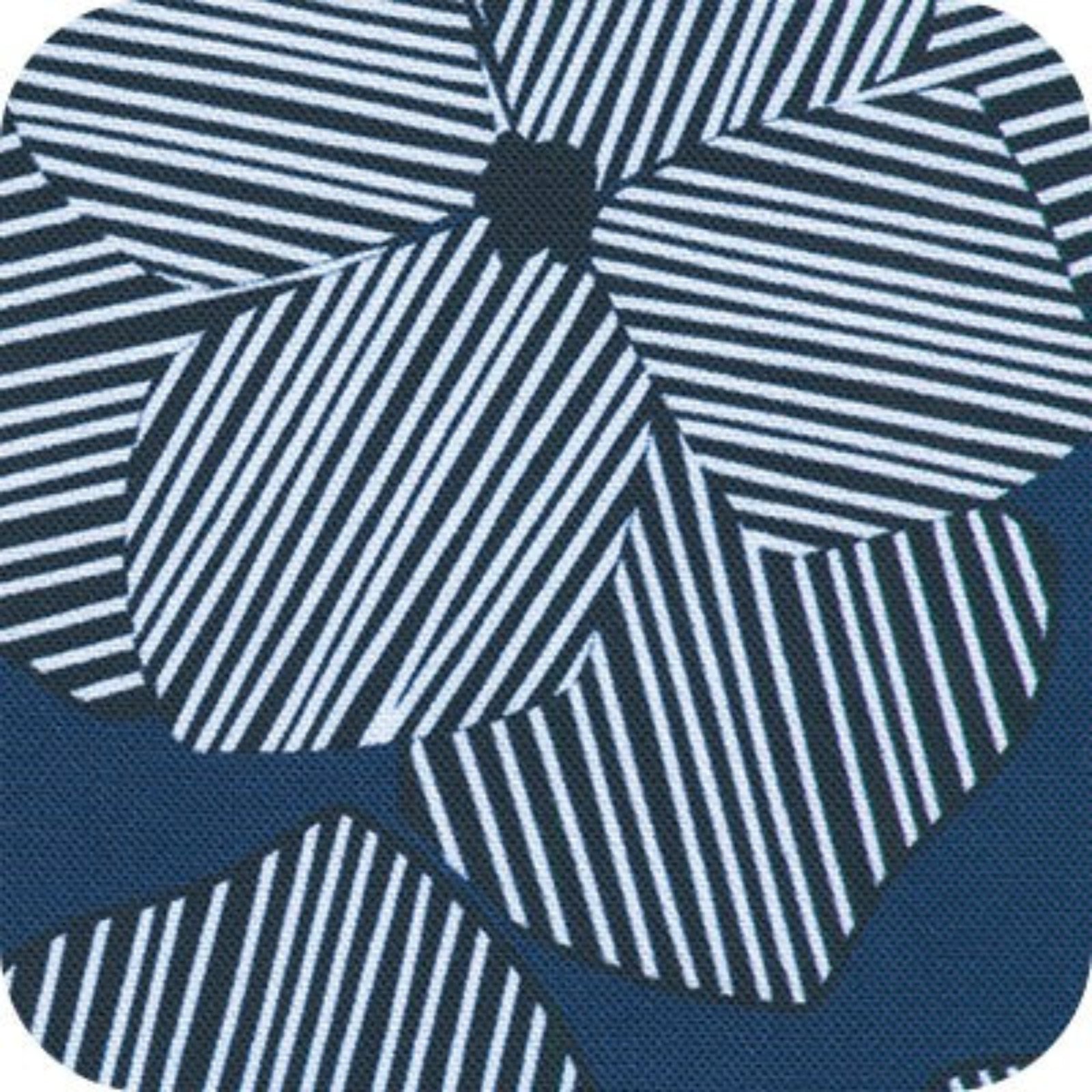A close-up of a fabric or material swatch with a geometric floral-like pattern in navy blue, white, and dark gray, featuring alternating striped and solid petal shapes.